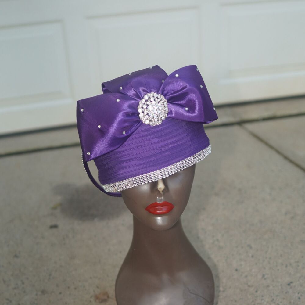 Purple Ribbon Straw Church Hat Rhinestone Bow Vintage Style Pillbox Cloche 7.5”